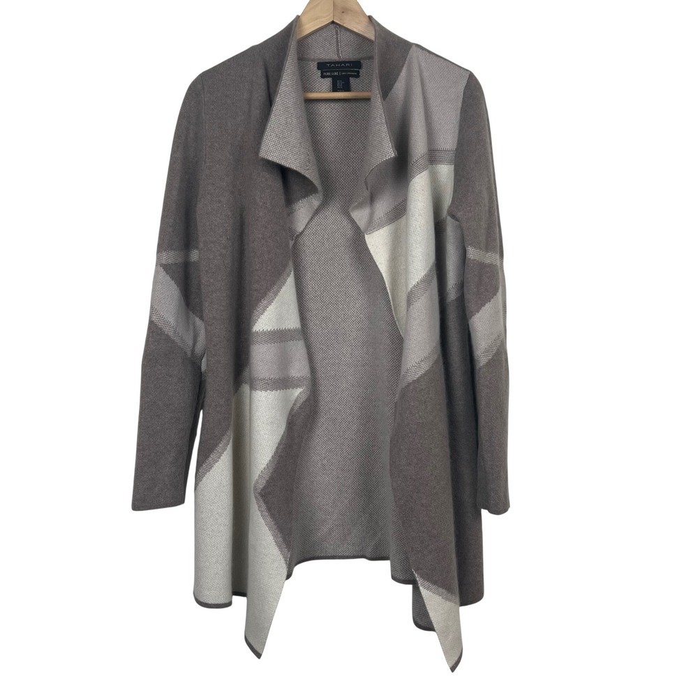 TAHARI Women's Pure Luxe 100%‎ Cashmere Patchwork Open Front Cardigan Sweater M